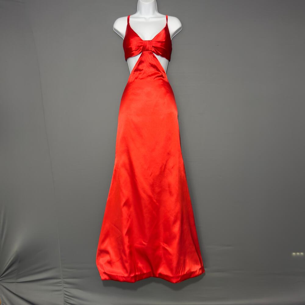 RED Satin Formal Prom Gown with Midriff Cutout  Size S Small